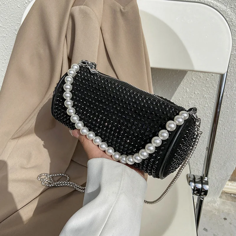 

2021 new fashion portable cylinder bag foreign style handbag rhinestone underarm women bag pearl chain shoulder bag, Black, silver