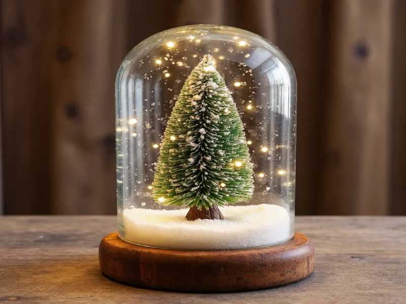 Handmade snow globe in mason jar with miniature Christmas tree