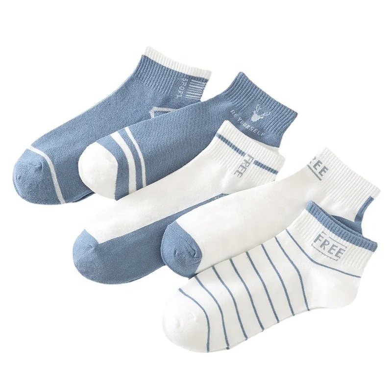 

Fashion Comfortable Blue Letter Stripe Casual Sports Short Socks Men Cotton Ankle Socks, 5 colors