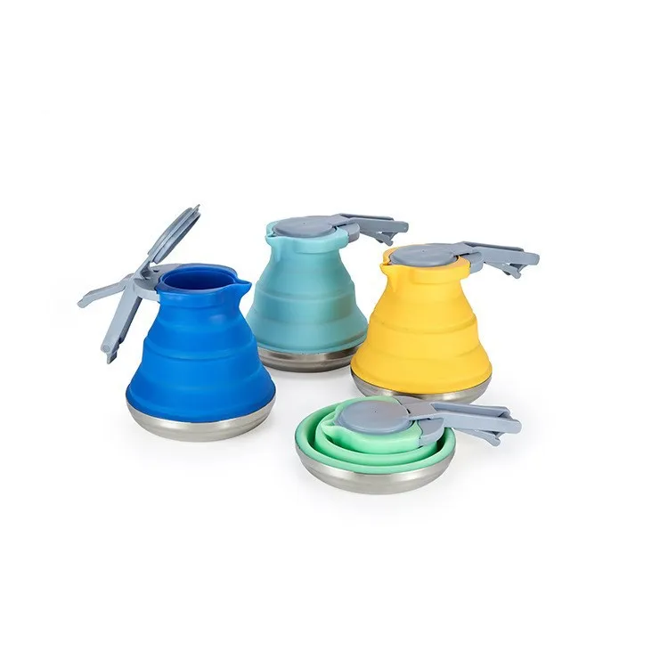 

H421 Sport Camping Picnic BPA Free Foldable Eco Friendly Portable Tea Pot Stainless Steel Bottom Outdoor Silicone Teakettle, Multi colour