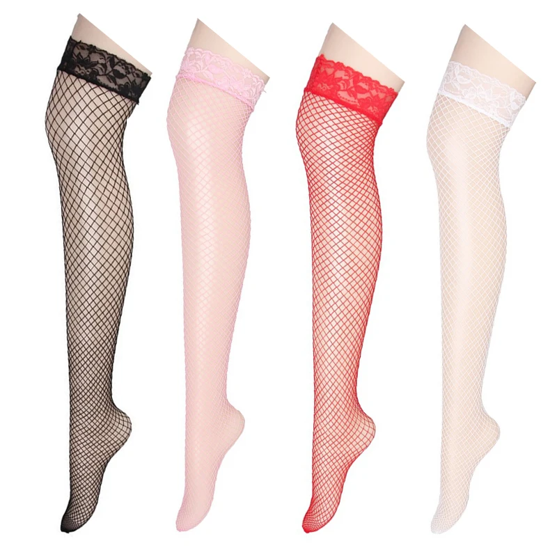 

Wholesale Lady Women Bar Sexy Black White Red Pink Lace Net Lingerie Over Knee Fishnet Stockings