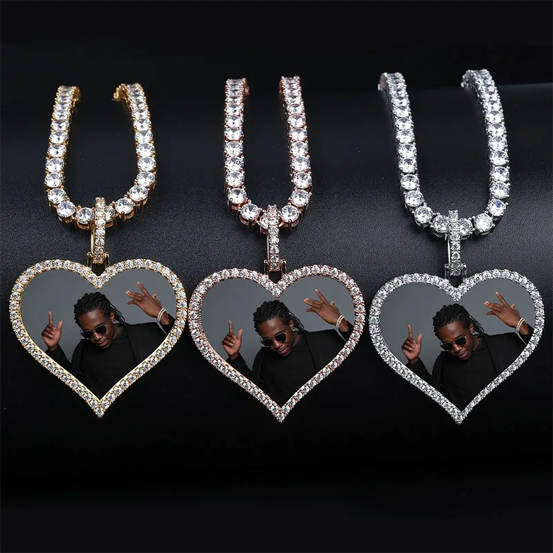 Trendy Iced out cz Heart shape custom photo Medallions Pendant necklace