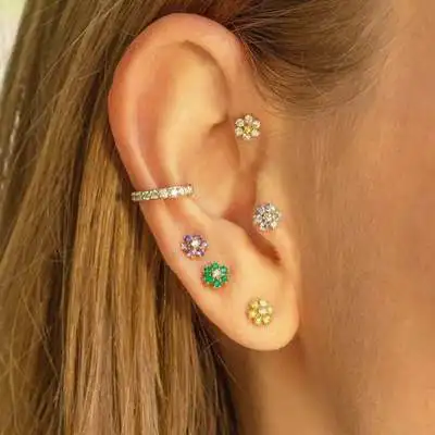 

Minimalist Mini 18K Gold Plated Rhinestone Crystal Flower Earring Colorful Zircon CZ Flower Stud Earring For Women