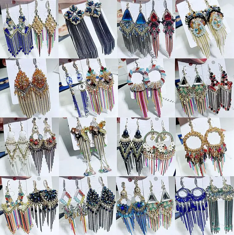 

PUSHI long tassel earrings bohemian hammered vintage retro crystal national rainbow mixed lot earrings