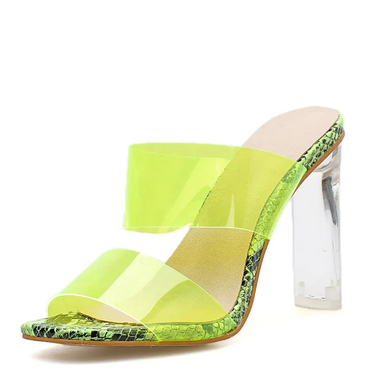 

Cheap high heel women slippers PVC transparent square heel mules women snakeskin yellow clear dress shoes pumps, Yellow silver