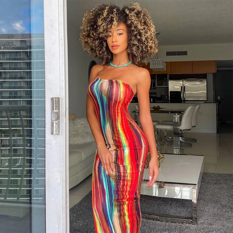 

2021 New arrivals women clothing casual dresses elegant off shoulder colorful printed stripe bodycon dress, Photos show