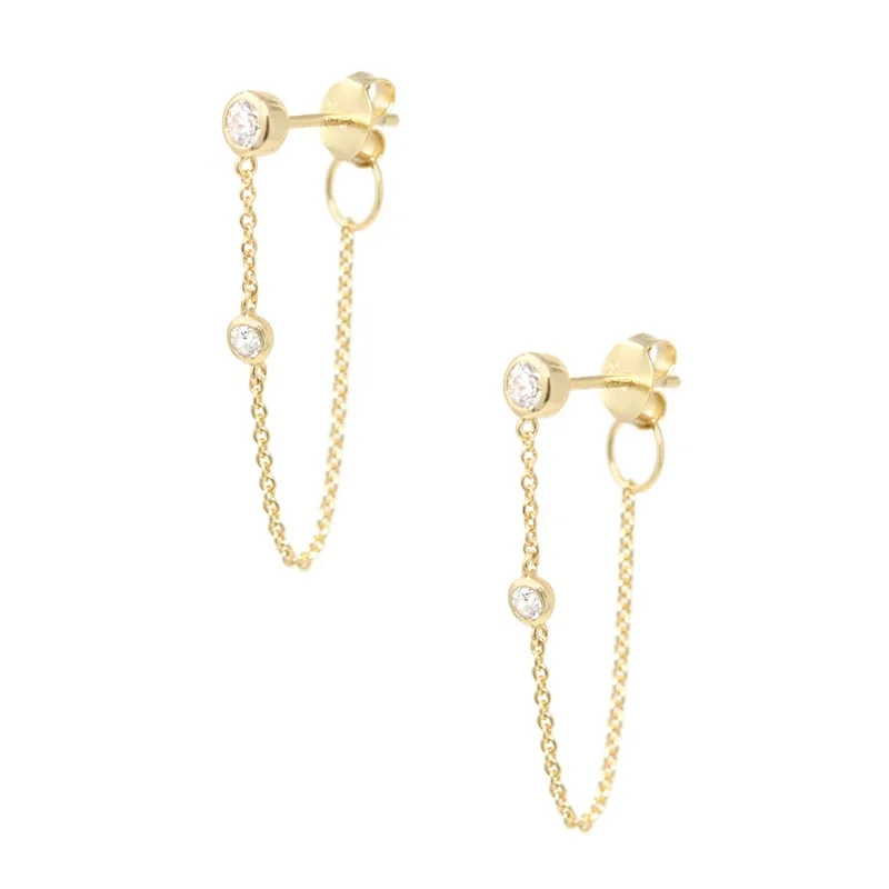 

Factory Wholesale 925 Sterling Silver Simple Long Chain Tassel Stud Earrings Round CZ Paved Earrings For Women, Gold and silver
