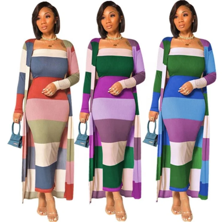 

D95655 Stripe printing patchwork long skirts and coats women two piec sets