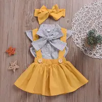 

Girls Summer 3 pcs Clothing Set Short Sleeve Polka Dot Shirt +Yellow Jumper Skirt +headbow Cute Kid Girl Summer Clothes 0-5T