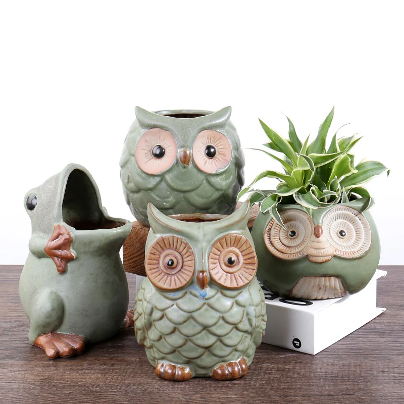 

cute owl frog pottery pots green owl flower pot planter ceramic animal flower pots & planters for home decor