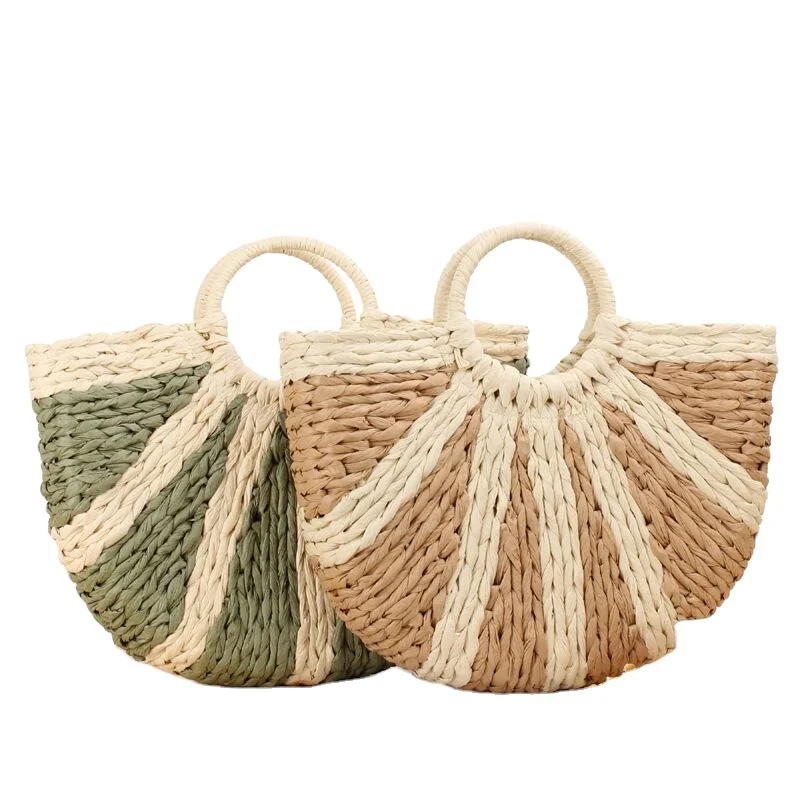 

Fashion Woven Hobo Bag for Women Round Handle Tote Retro Summer Beach Paper Straw Bag, Brown,green
