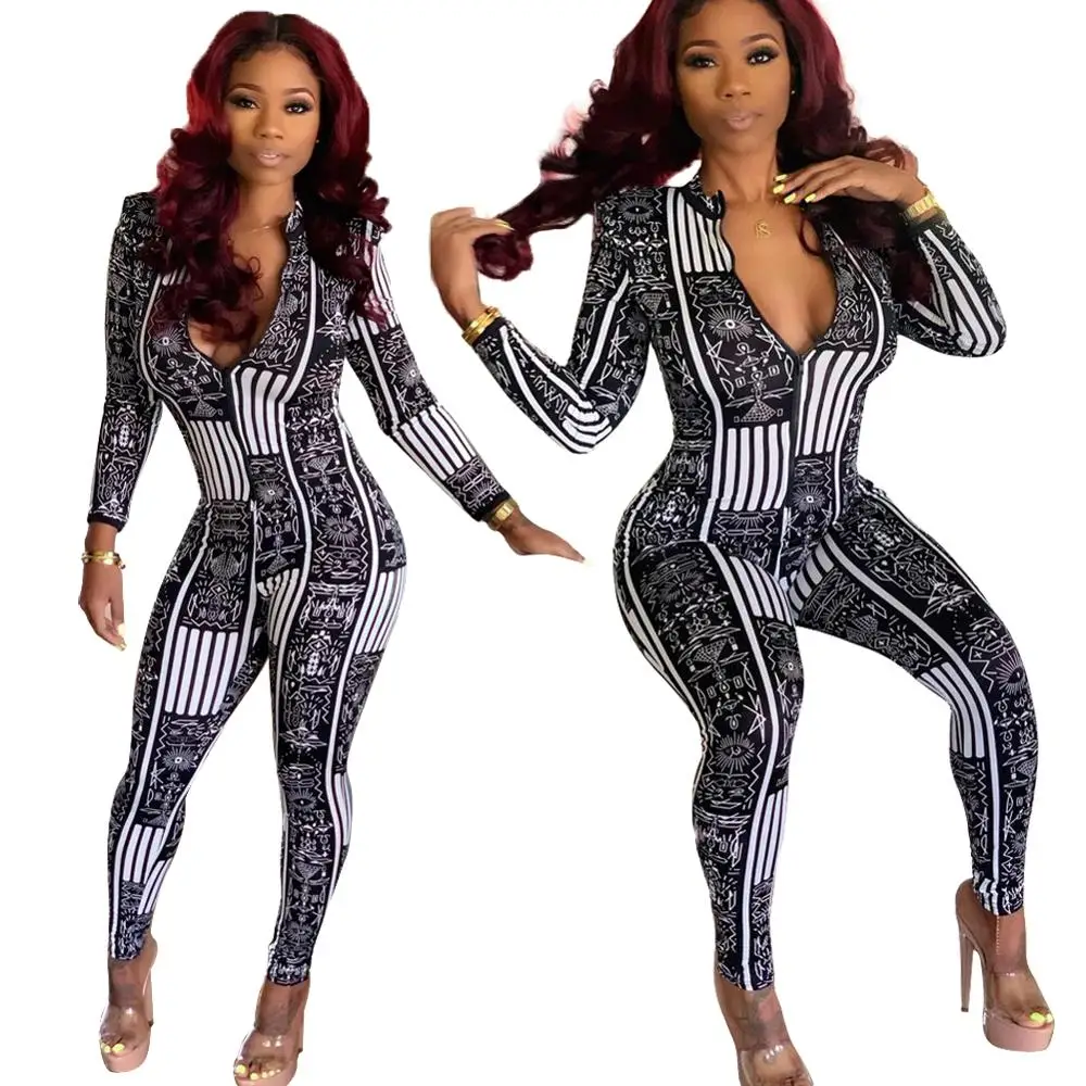 

2019 New Design Print Women Long Sleeve Half Zip Jumpsuit One Piece Bodycon