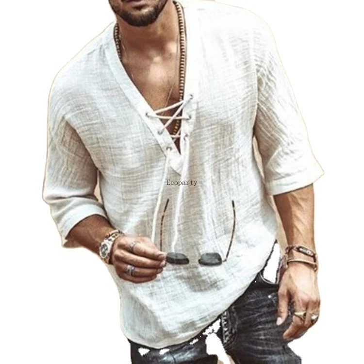 

Men Fashion Hippie Linen Shirt Casual Middle Sleeve V Neck Summer Beach Loose Tee Tops Solid Color T shirts, Shown