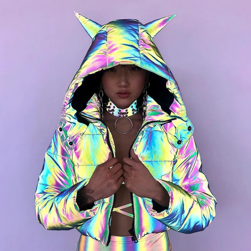 

Fashion motorcycle jacket outdoor hooded warm rainbow reflective winter coat women jacket