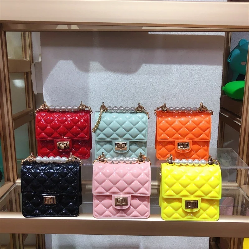

Wholesale New Product PVC Mini Jelly Bag Rhombic Pearl Children Cute Purse Chain Handbag For Girls, Custom colors