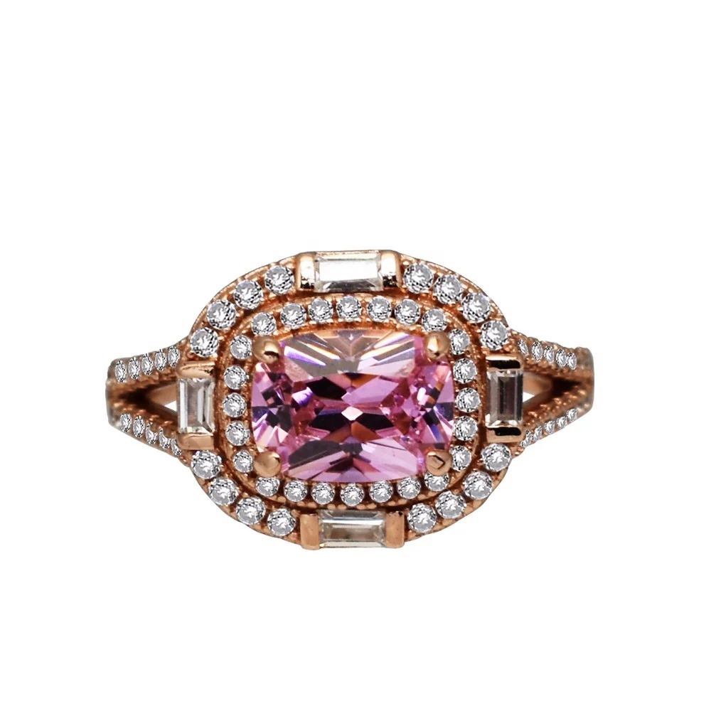 

Queen Chic Sterling 925 Silver Halo Multi-Frame Cushion Emerald Cut Pink Tourmaline Engagement Ring Jewelry