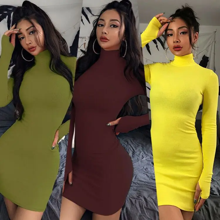

Long-Sleeved Women Clothing Dress High-Neck Womens Dresses 2020 Bodycon Dress
