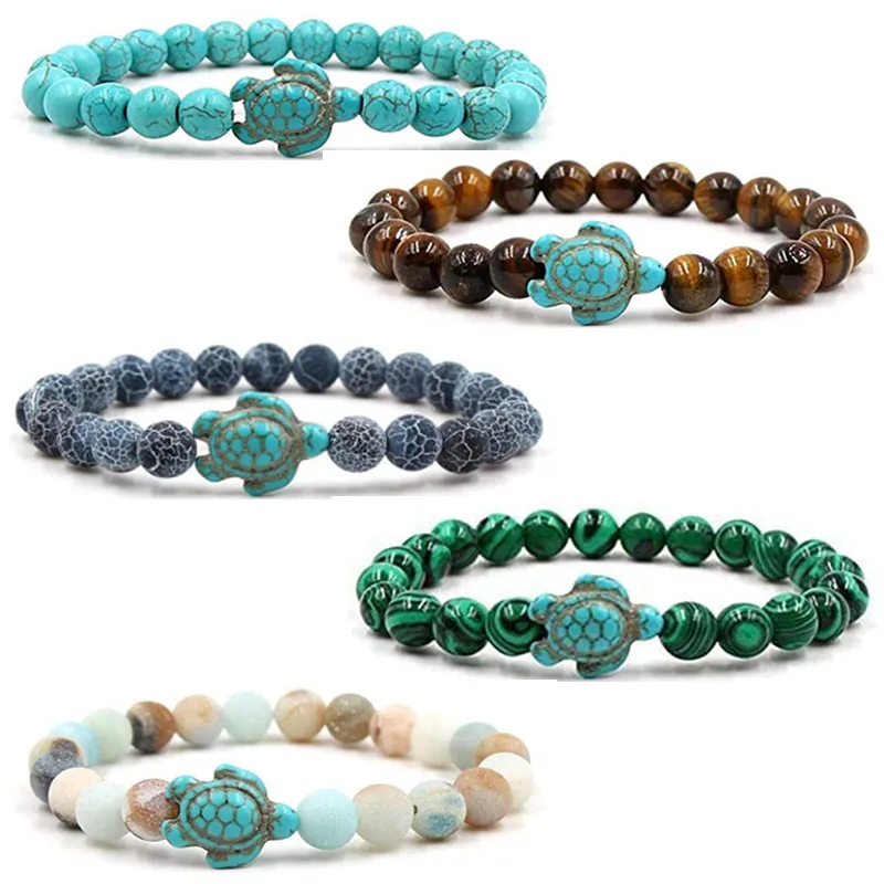 

Beaded Natural stone tortoise bracelet sea turtle charm Tiger eye turquoise Lava women mens beads Elastic bracelets