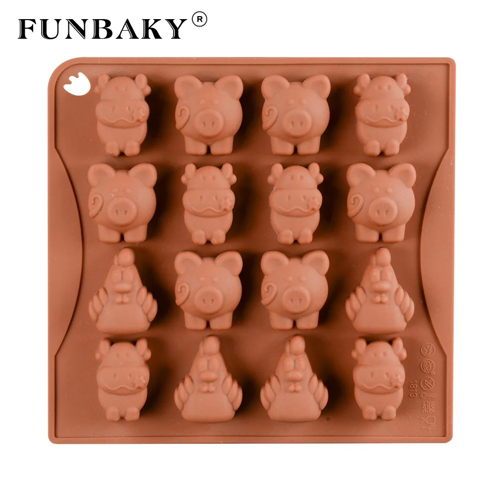 

FUNBAKY JSC1813 Candy silicone mold animal pig cock shape household chocolate cookies mould cake decorating tool baking mold, Customized color