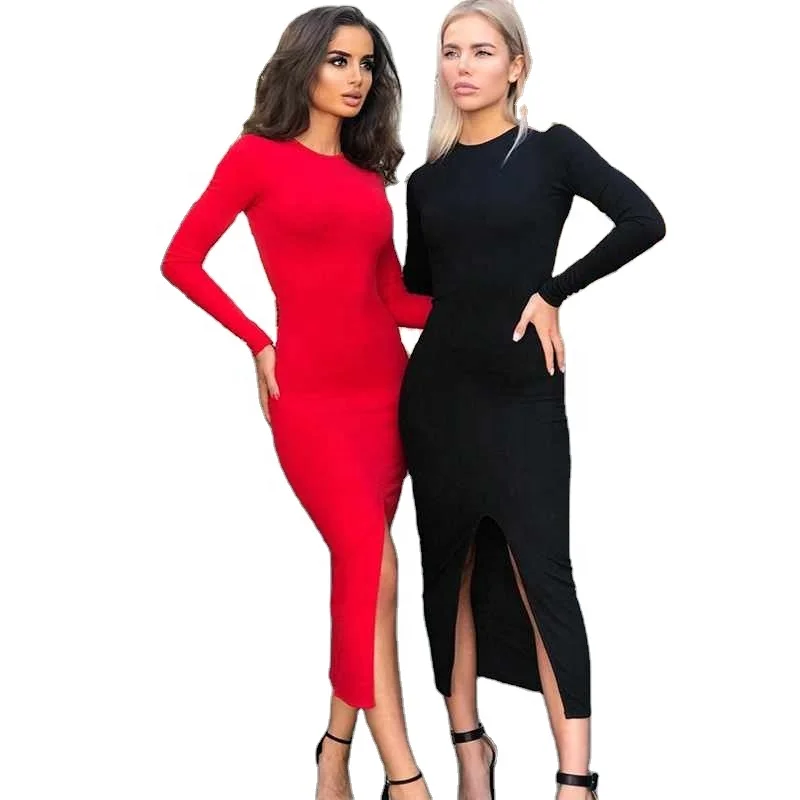 

Woman midi slit wrap red maxi dress with sleeves