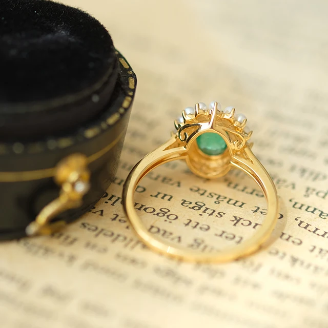 
Vintage Oval Emerald Ring Fresh Water Pearl Halo Ring In 14K Yellow Gold 