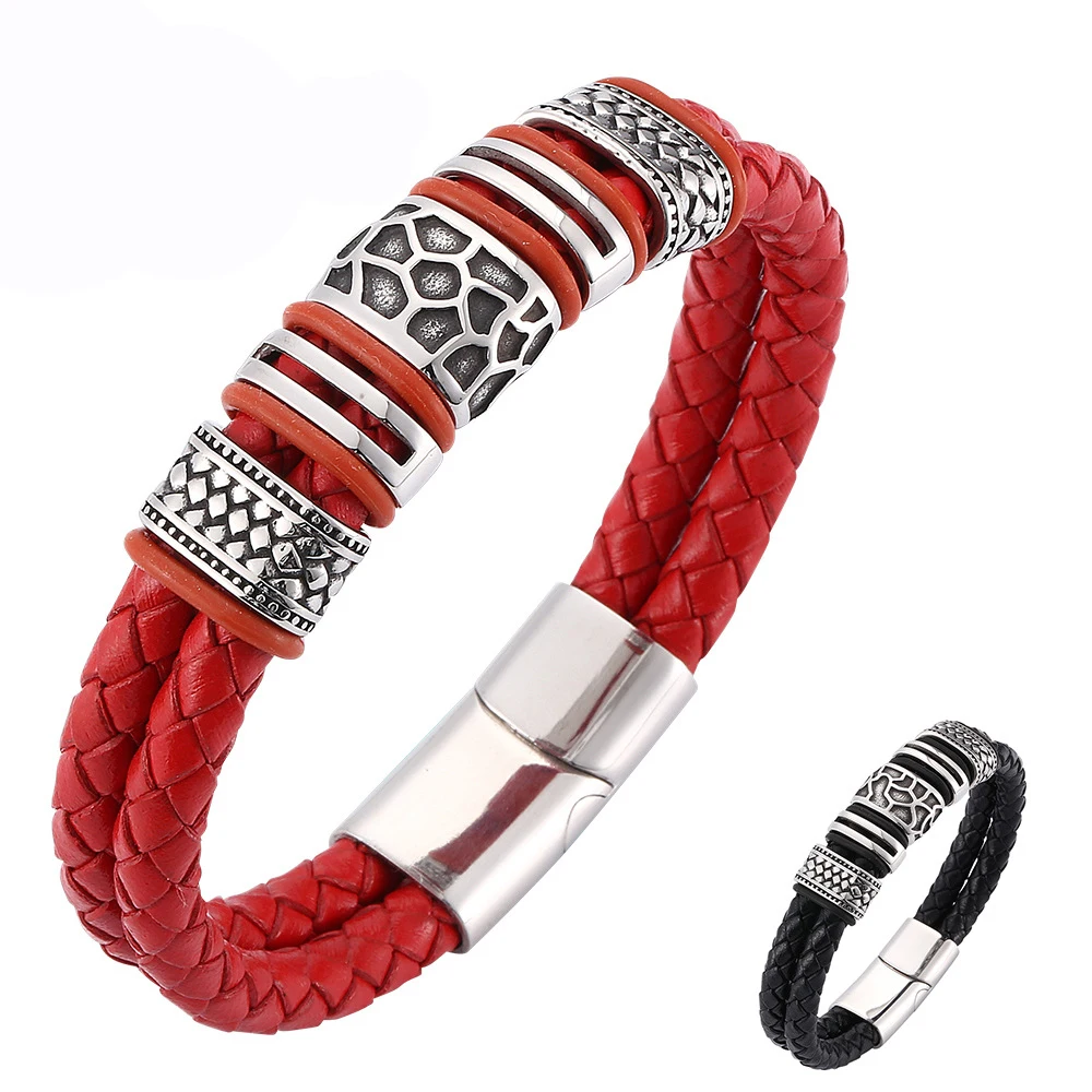 

Vintage Double Layer Stainless Steel Jewelry Red Black Silver Magnetic Clasp Women Leather Bracelet