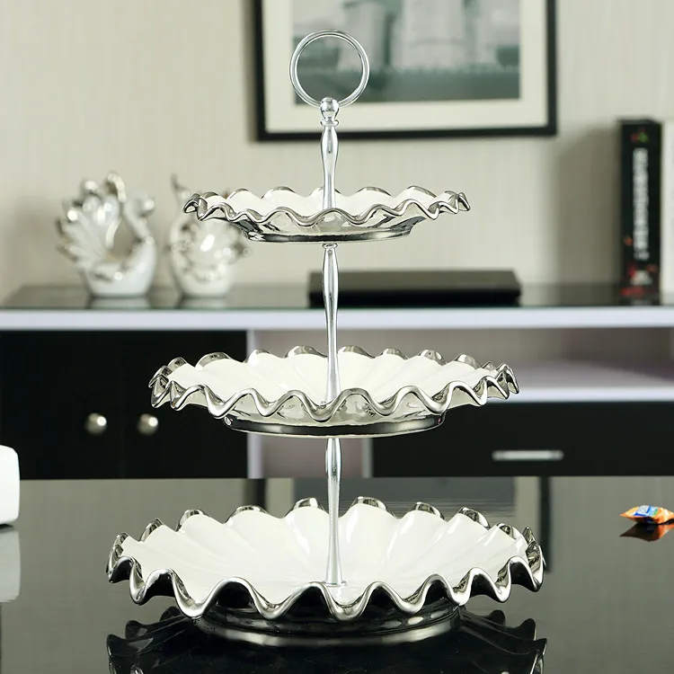 

Custom royal style restaurant decor three-tier cake fruit stand silver-plated ceramic dining table decoration, Silver/white