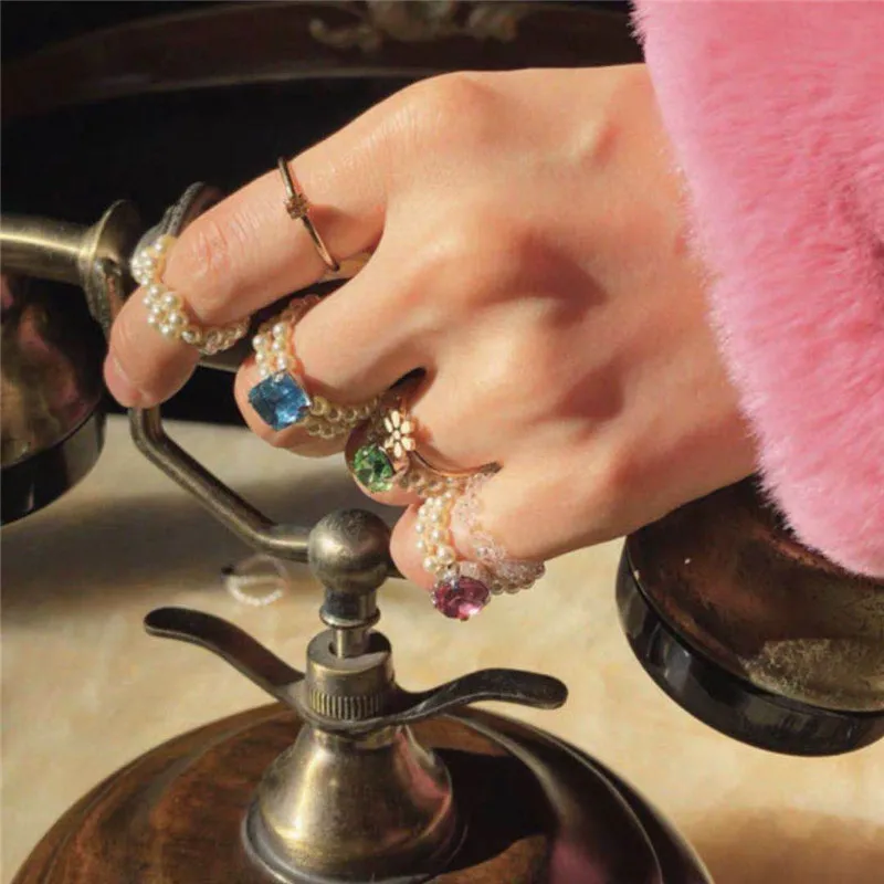 

Colorful Blue Green Rose Red Rhinestone  Beaded Pearl Ring for Women Jewelry