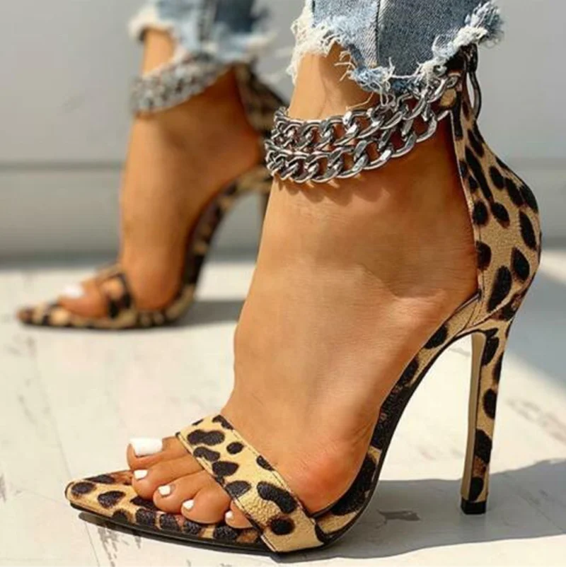 

New Designed Leopard Zebra Print Ankle Chain Strap Summer High Heeled Sandals Shoes for Ladies Big Size 43 Women Stilettos, Green,leopard,zebra print