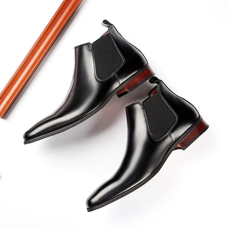 

Fashion cow leather durable rubber sole narrow square toe casual business dress shoes Chelsea boots for men