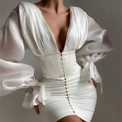 

2021 Hot Sale Summer Women Sexy Deep V Silk Dresses Xs Size Backless Dress Solid Flared Sleeves Casual Mini