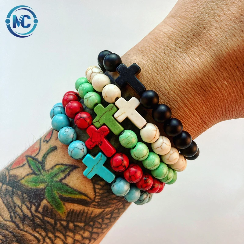 

Charm Natural Stone Cross Bracelet Faith Black Matte Lucky Beads Bracelets Handmade Men Women Prayer Fitness Couple Jewelry, Colors