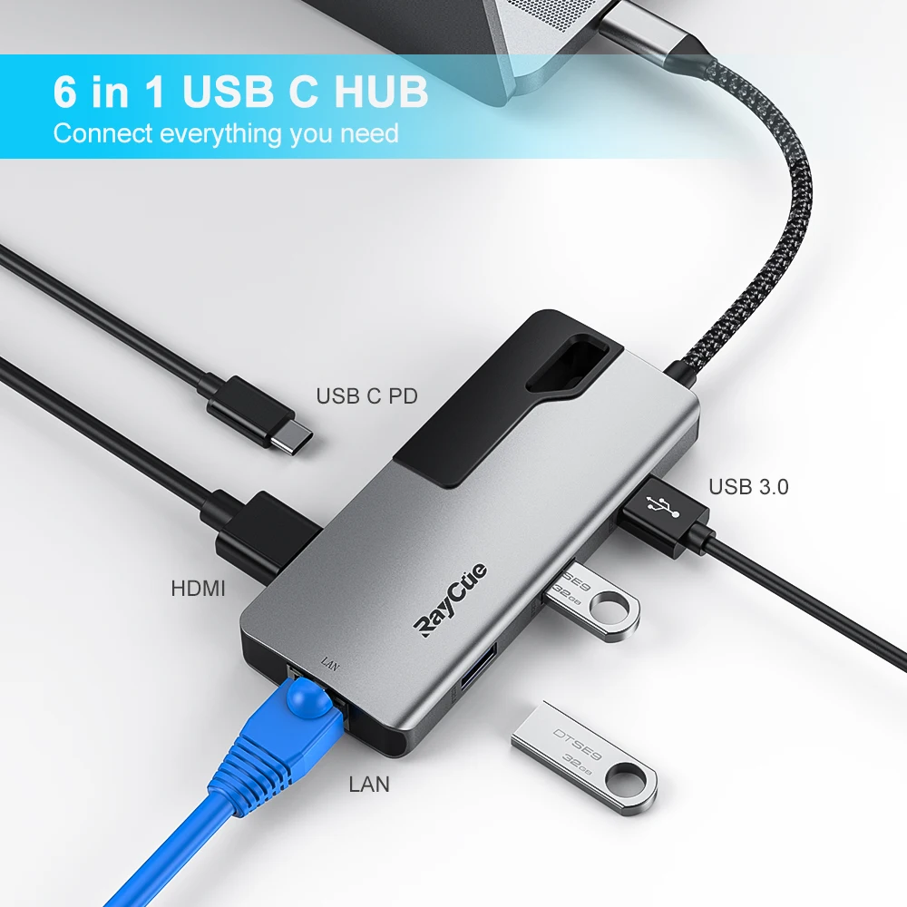 
Raycue OEM/ODM 6 in 1 USB Type C Hub with PD Charging 4K HD-Ml RJ45 Adapter 