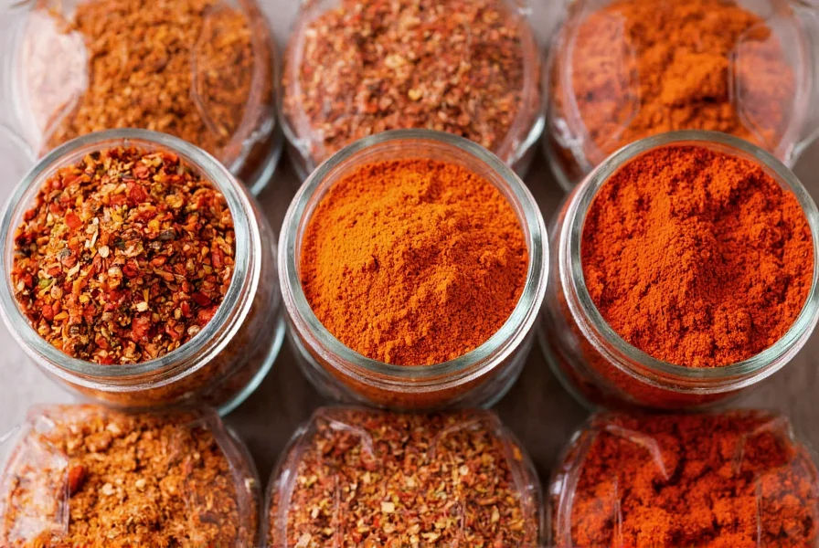 Close-up comparison of red pepper flakes, cayenne powder, and smoked paprika in glass jars showing texture differences