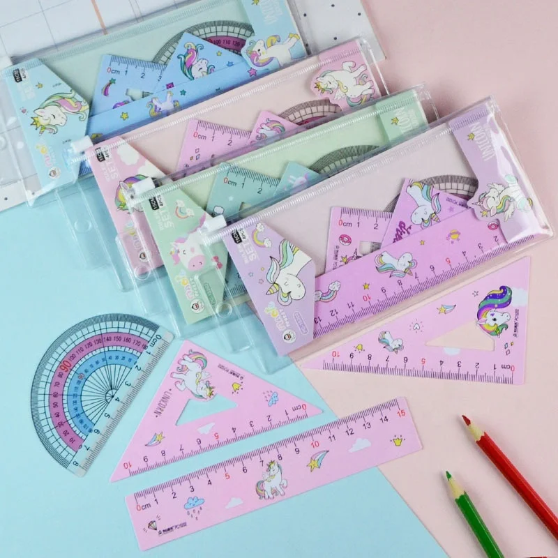 

Promotional cartoon student stationery cute unicorn school ruler set for kids