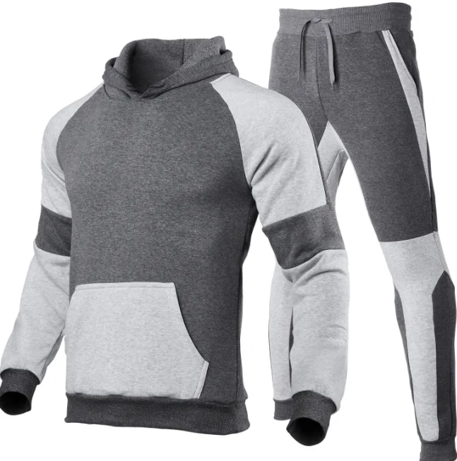 

2021 new men's large color matching patchwork sweater Hooded Fleece suit cross border wholesale in Europe and America