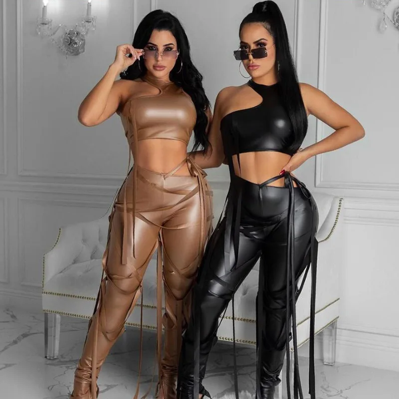 

2022 Spring women faux leather 2 two piece pants leggings set tank crop top for women, 5 colors