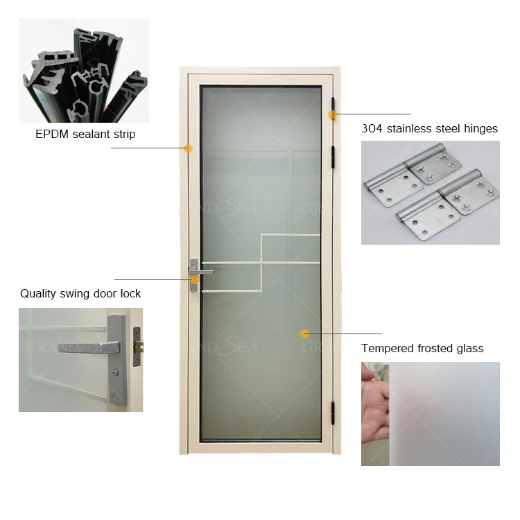 La porte simple imperméable de fantaisie bon marché de tissu pour rideaux a gâché les portes d'oscillation en aluminium en verre givrées de toilette de salle de bains