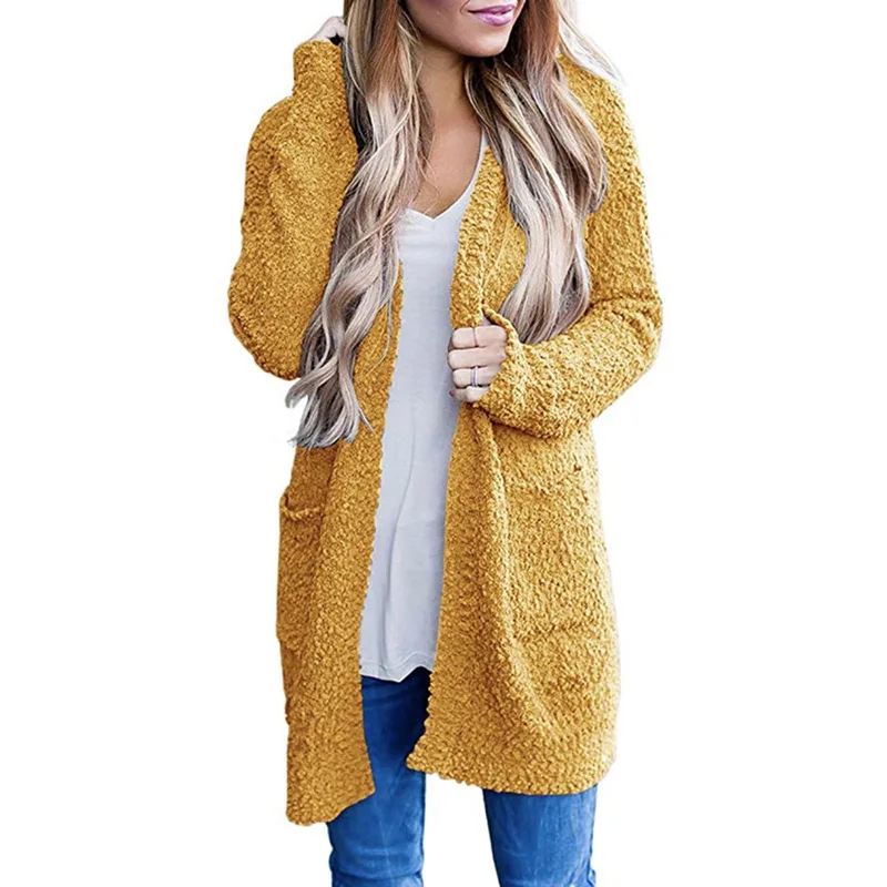 

Candy Color Plain Double Pocket Long Sleeve Loose Popcorn Long Cardigan Women, White,yellow,gray,black,green,red,blue