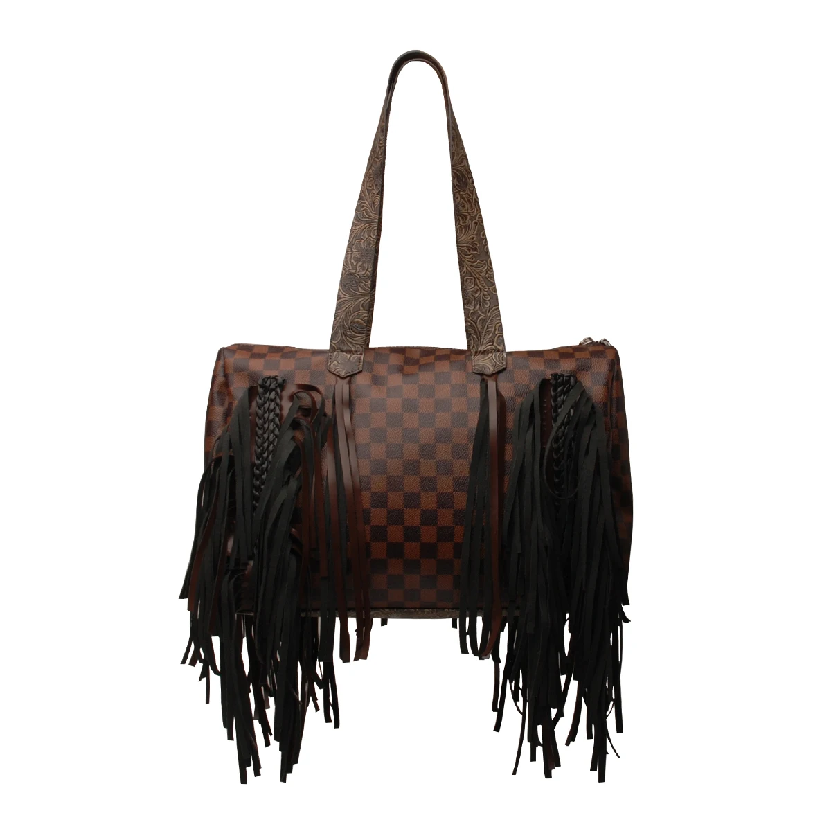 

Wholesale PU Check Tote Bag with Tassels Biege Dark Brown Handbags for Women Medium Size Women Shoulder Bag DOM-1161800, Beige, dark brown