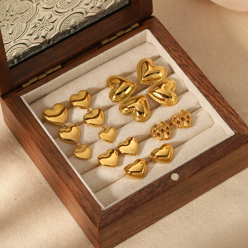 

Wholesale 18K Gold Plated Stainless Steel Chunky Double Heart Statement Dangle Earrings For Women