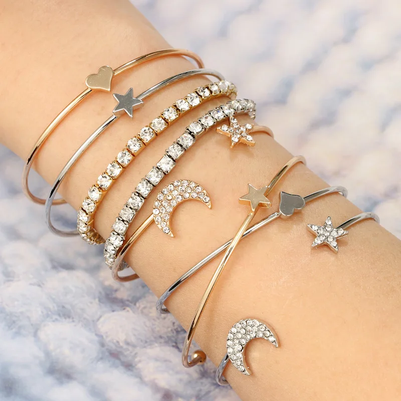 

4Pcs/set luxury druzy star moon rhinestone bracelet bangles set women acessory, Gold, silver