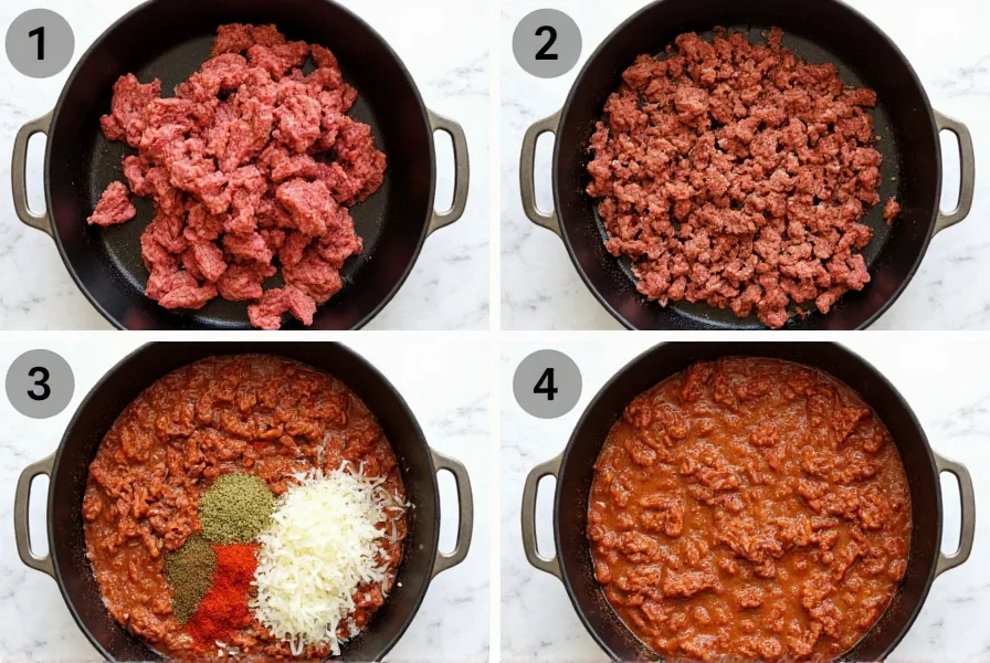 Step-by-step preparation of traditional chili con carne in cast iron pot with ground beef, onions, and spices