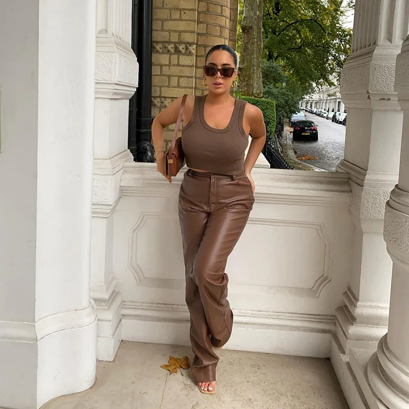 

Fashion Faux Leather Pants Women Straight Pockets Autumn Elegant High Waist Trousers Office Lady Slim Vintage Pants