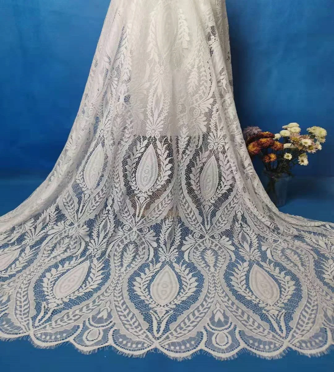 

New design Nylon eyelash chantilly lace floral bridal fabric, Ivory