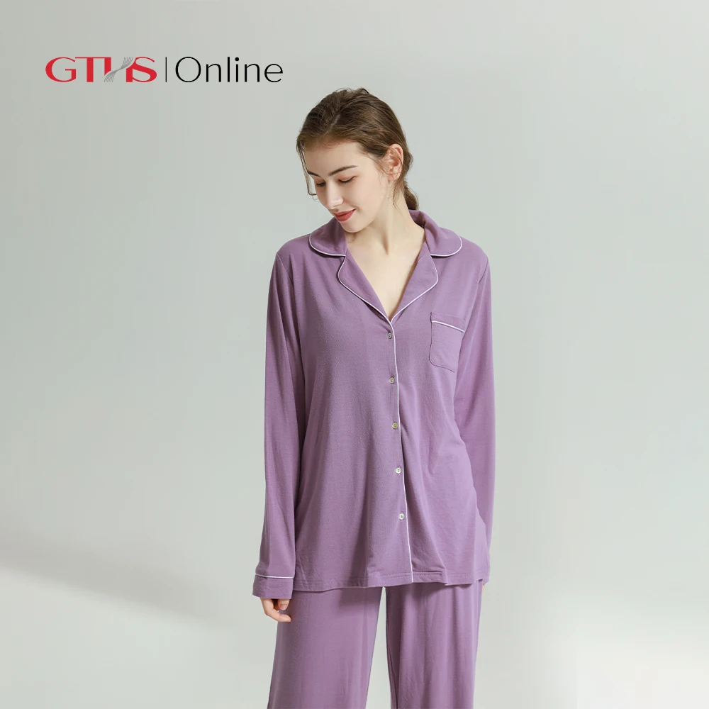 Wholesale Luxury Casual Women'S Sleepwear Long Sleeve Trousers Pajama Set Turn-Down Collar Ladies Sleepwear Pj Set, Purple/grey/black