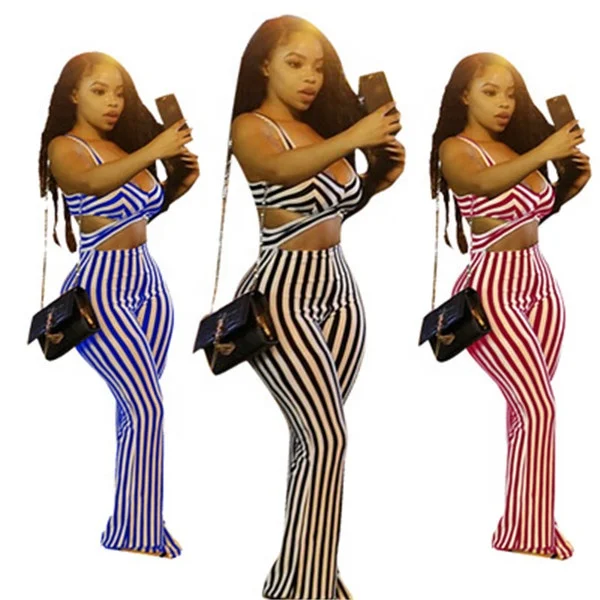 

VOOGUE LM971 Fashion Sexy Women Striped Hollow Jumpsuit Nightclub Flare Pants