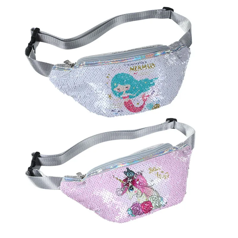 

2020 New reversible sequin mermaid kids sports messenger bags fashion girls waist bags, As picture show