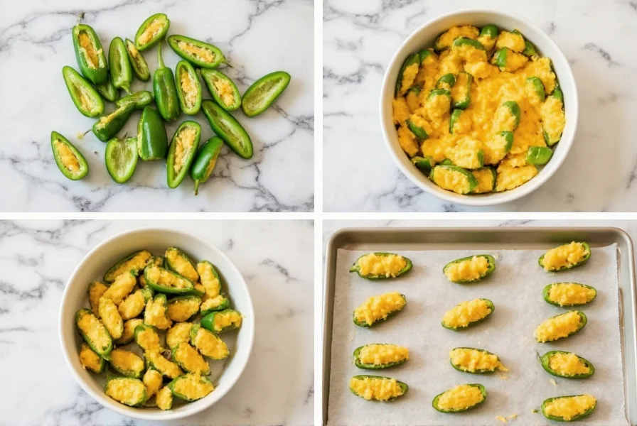 Step-by-step preparation of classic jalapeño poppers showing halved peppers, cheese filling mixture, and finished baked poppers on a baking sheet