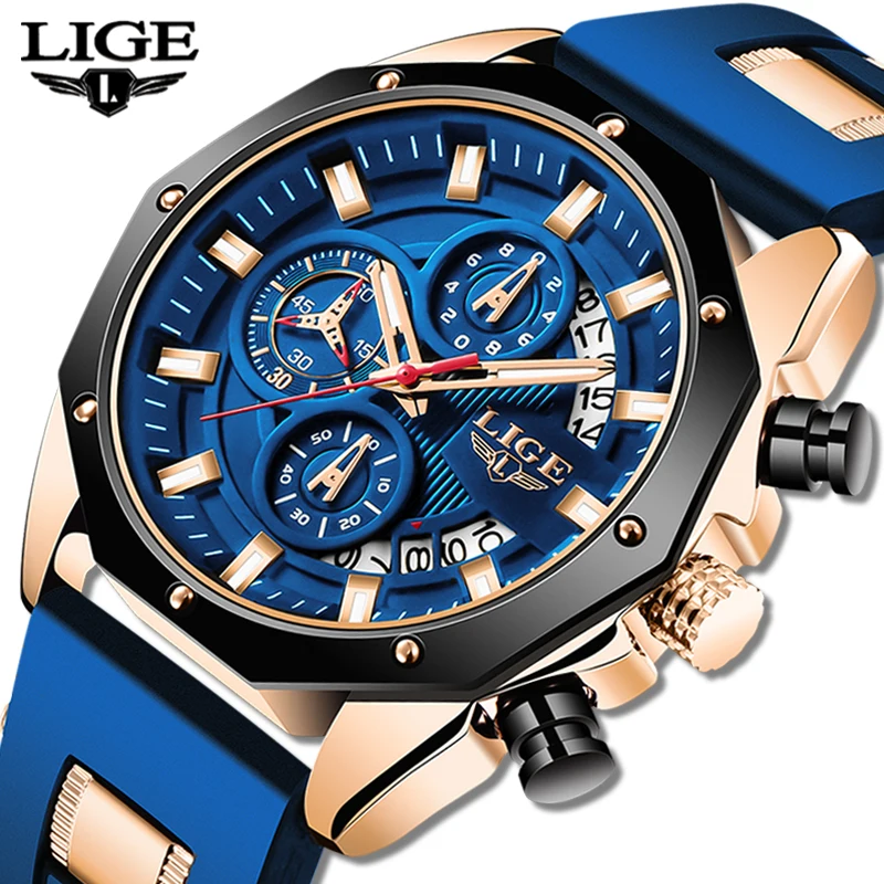 

LIGE 8908 New Fashion Mens Watches Top Brand Luxury Silicone Sport Watch Men Quartz Date Clock Waterproof Wristwatch Chronograph